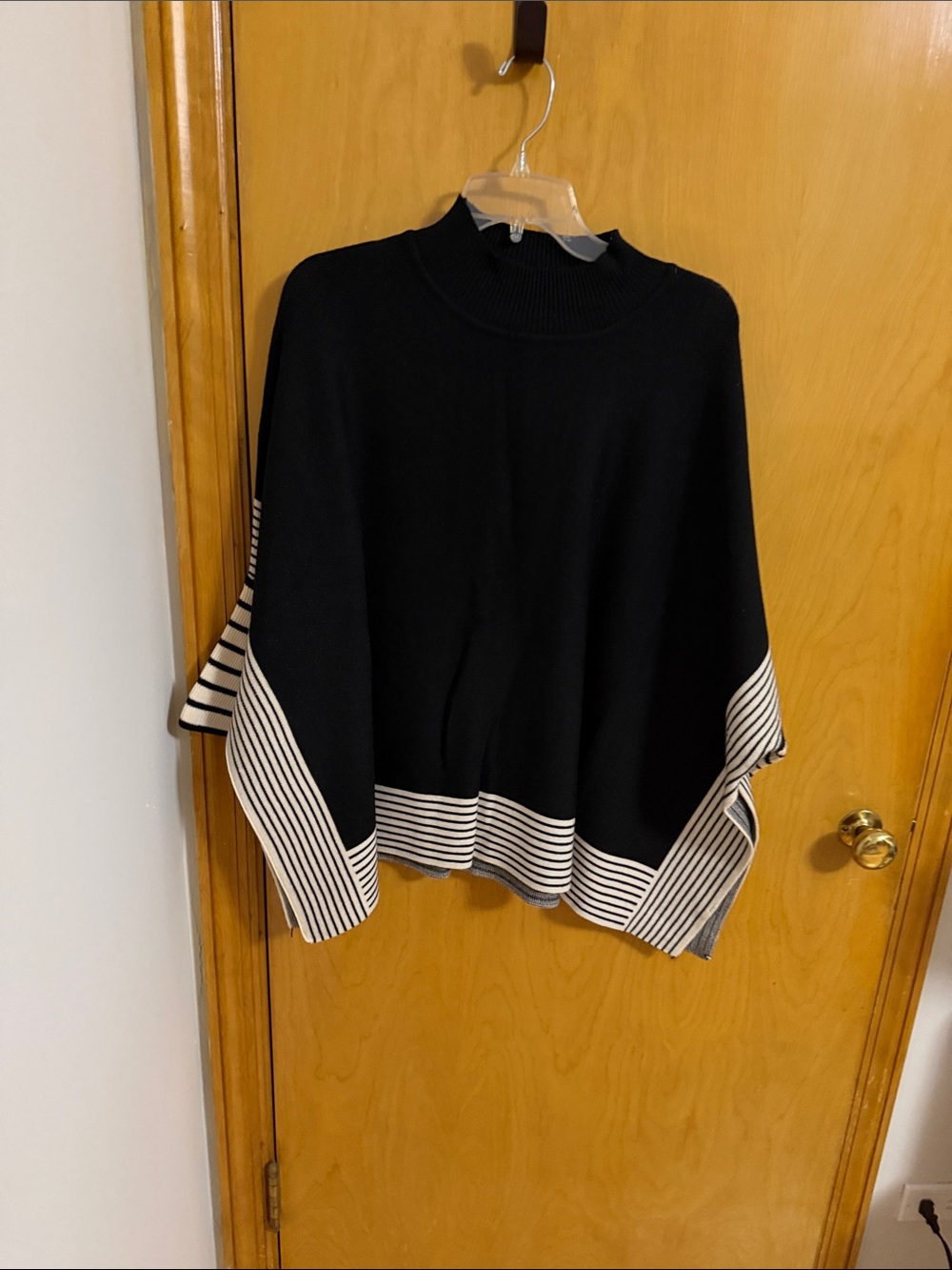Black Striped Hem & Sleeve Women's Sweater Poncho w/ Side Slits